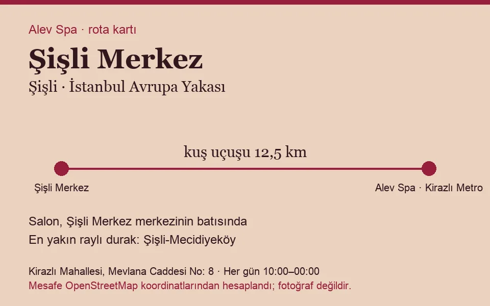 Merkez (Şişli) masaj salonu rota kartı: Alev Spa'ya kuş uçuşu 12,5 km, salon batısında