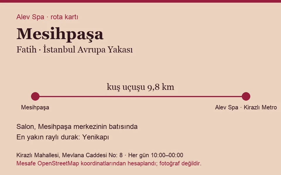 Mesihpaşa masaj salonu rota kartı: Alev Spa'ya kuş uçuşu 9,8 km, salon batısında
