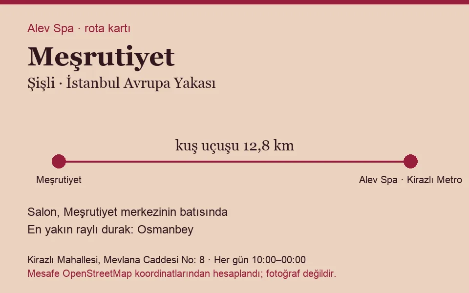 Meşrutiyet masaj salonu rota kartı: Alev Spa'ya kuş uçuşu 12,8 km, salon batısında