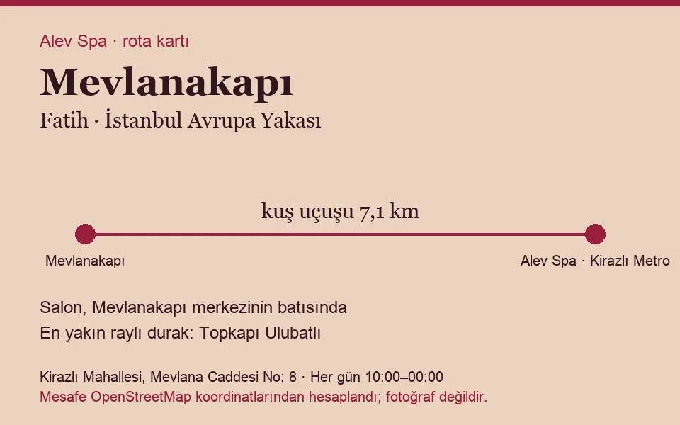 Mevlanakapı masaj salonu rota kartı: Alev Spa'ya kuş uçuşu 7,1 km, salon batısında