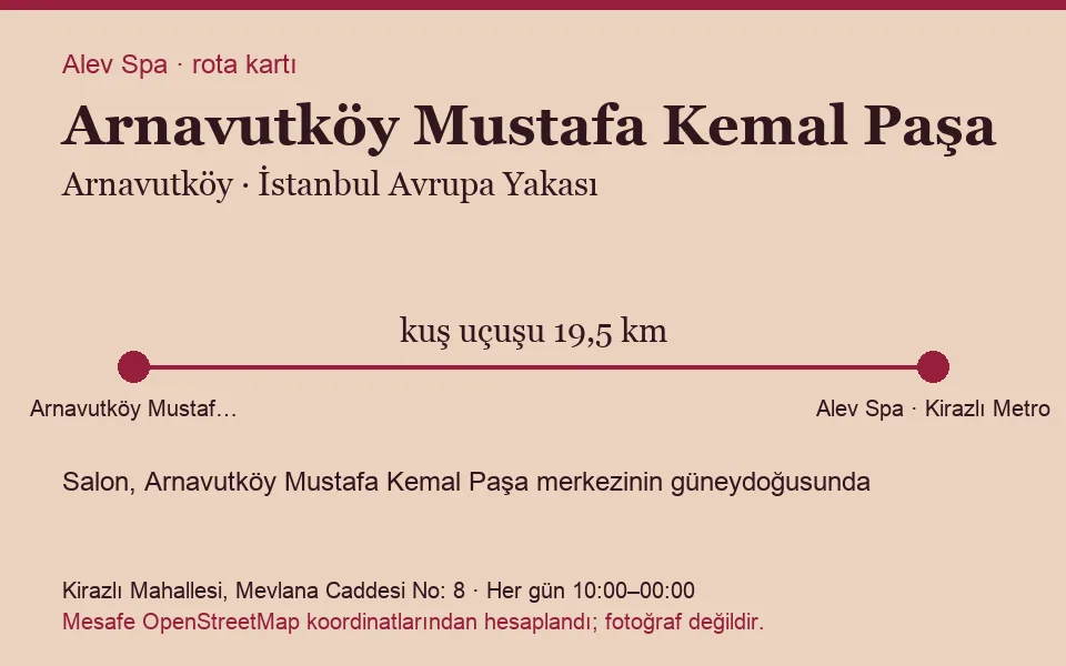 Arnavutköy Arnavutköy Mustafa Kemal Paşa masaj salonu rota kartı: Alev Spa'ya kuş uçuşu 19,5 km, salon güneydoğusunda