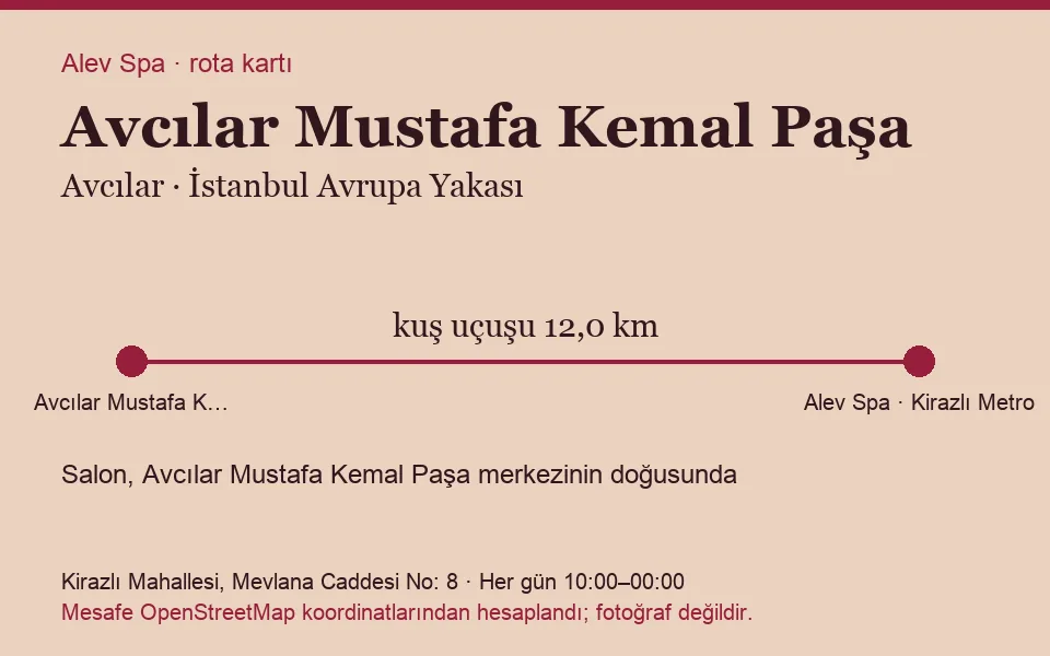 Avcılar Avcılar Mustafa Kemal Paşa masaj salonu rota kartı: Alev Spa'ya kuş uçuşu 12,0 km, salon doğusunda