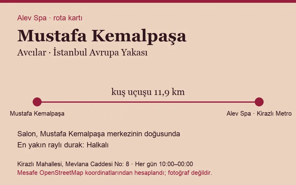 Mustafa Kemalpaşa masaj salonu rota kartı: Alev Spa'ya kuş uçuşu 11,9 km, salon doğusunda