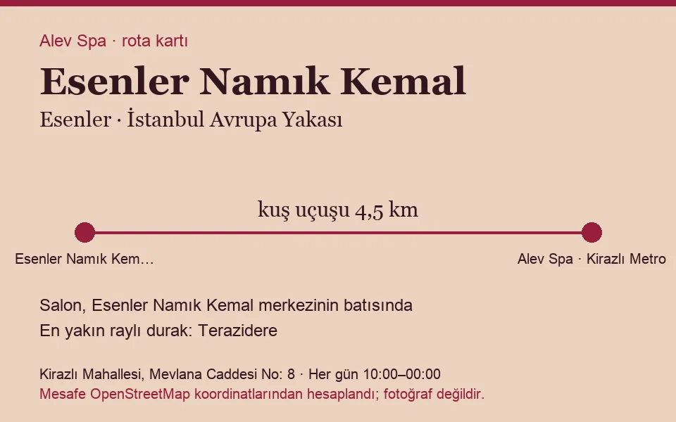 Namık Kemal (Esenler) masaj salonu rota kartı: Alev Spa'ya kuş uçuşu 4,5 km, salon batısında