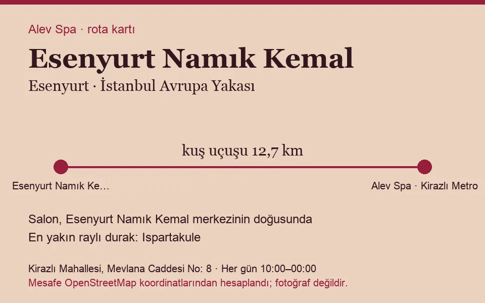 Namık Kemal (Esenyurt) masaj salonu rota kartı: Alev Spa'ya kuş uçuşu 12,7 km, salon doğusunda