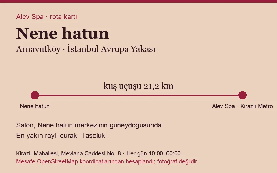 Nene hatun masaj salonu rota kartı: Alev Spa'ya kuş uçuşu 21,2 km, salon güneydoğusunda