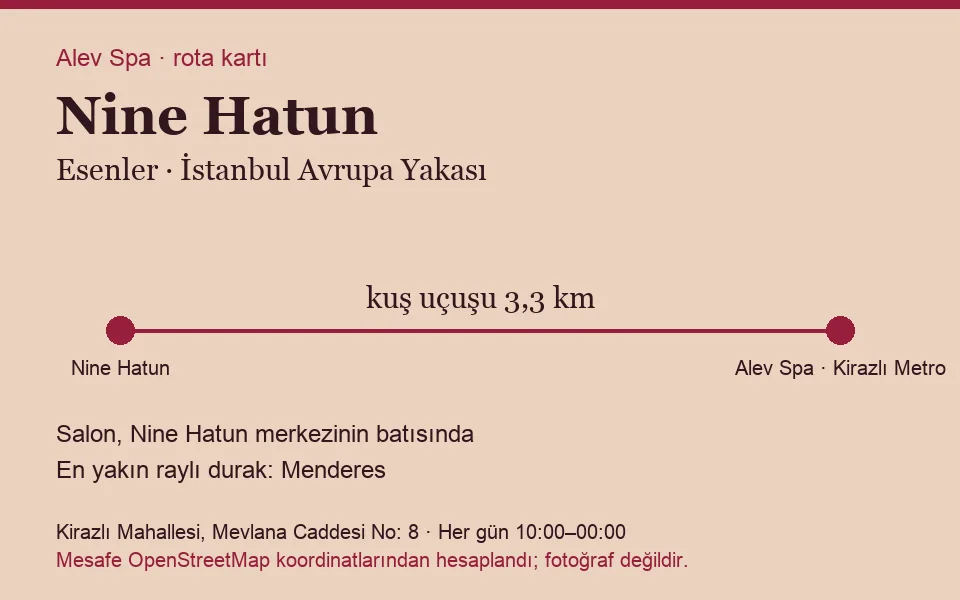 Nine Hatun masaj salonu rota kartı: Alev Spa'ya kuş uçuşu 3,3 km, salon batısında