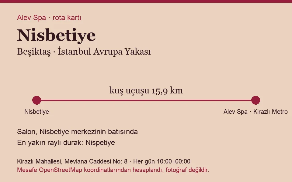 Nisbetiye masaj salonu rota kartı: Alev Spa'ya kuş uçuşu 15,9 km, salon batısında
