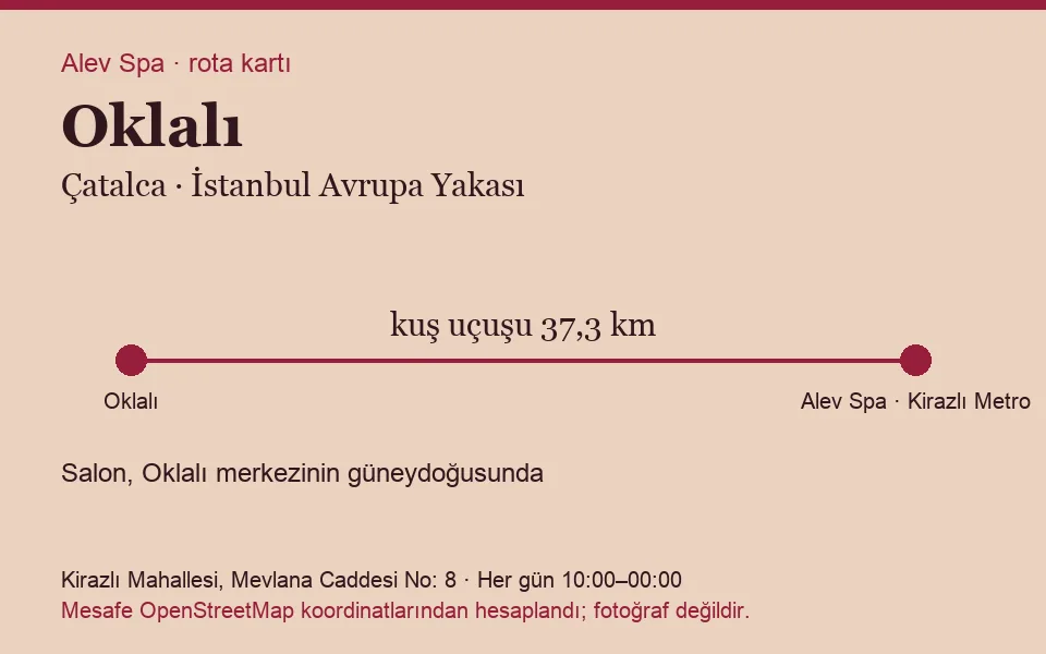 Oklalı masaj salonu rota kartı: Alev Spa'ya kuş uçuşu 37,3 km, salon güneydoğusunda