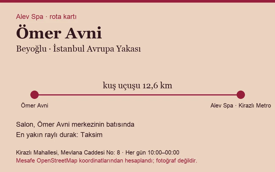 Ömer Avni masaj salonu rota kartı: Alev Spa'ya kuş uçuşu 12,6 km, salon batısında