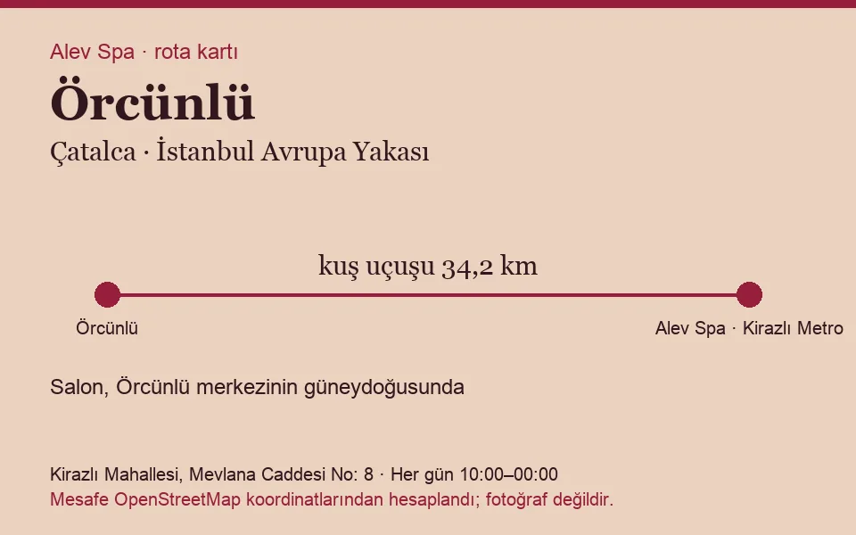 Örcünlü masaj salonu rota kartı: Alev Spa'ya kuş uçuşu 34,2 km, salon güneydoğusunda