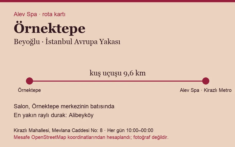 Örnektepe masaj salonu rota kartı: Alev Spa'ya kuş uçuşu 9,6 km, salon batısında