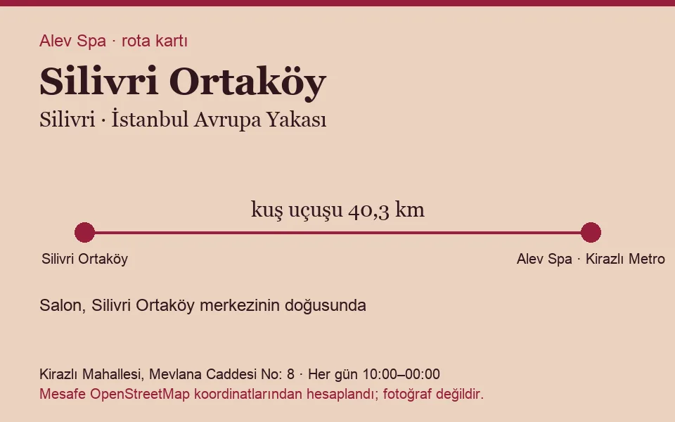 Silivri Silivri Ortaköy masaj salonu rota kartı: Alev Spa'ya kuş uçuşu 40,3 km, salon doğusunda
