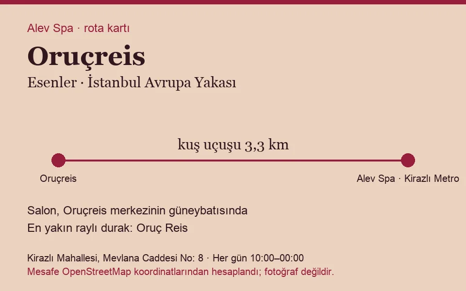 Oruçreis masaj salonu rota kartı: Alev Spa'ya kuş uçuşu 3,3 km, salon güneybatısında