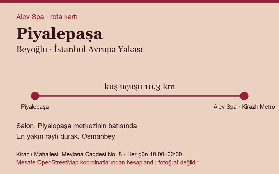 Piyalepaşa masaj salonu rota kartı: Alev Spa'ya kuş uçuşu 10,3 km, salon batısında