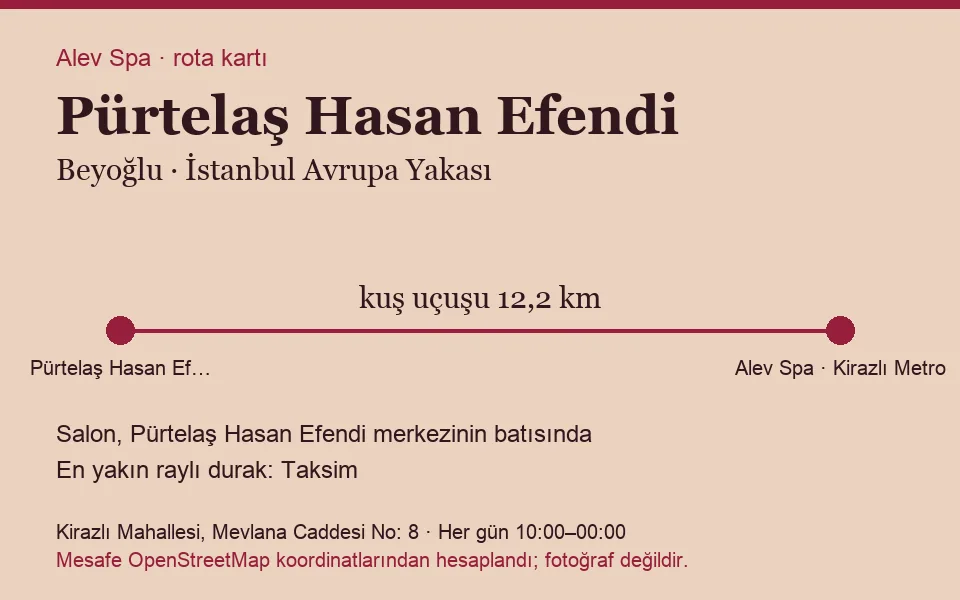 Pürtelaş Hasan Efendi masaj salonu rota kartı: Alev Spa'ya kuş uçuşu 12,2 km, salon batısında