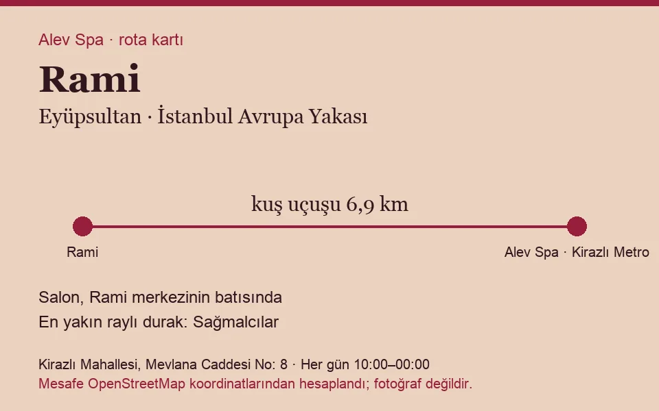 Rami masaj salonu rota kartı: Alev Spa'ya kuş uçuşu 6,9 km, salon batısında