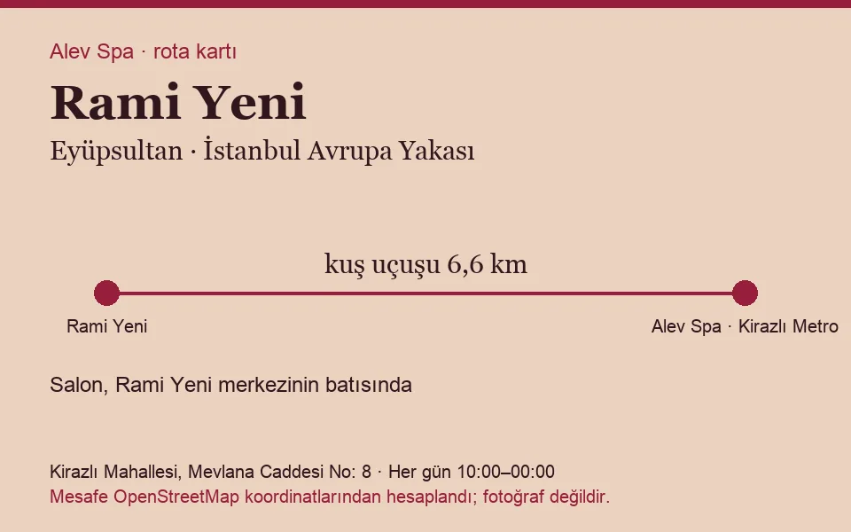 Rami Yeni masaj salonu rota kartı: Alev Spa'ya kuş uçuşu 6,6 km, salon batısında