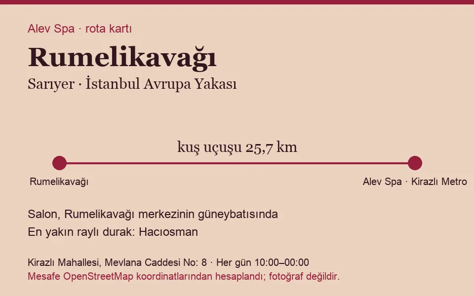 Rumelikavağı masaj salonu rota kartı: Alev Spa'ya kuş uçuşu 25,7 km, salon güneybatısında