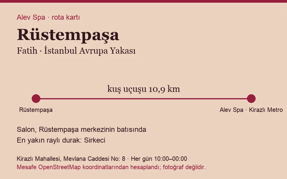 Rüstempaşa masaj salonu rota kartı: Alev Spa'ya kuş uçuşu 10,9 km, salon batısında