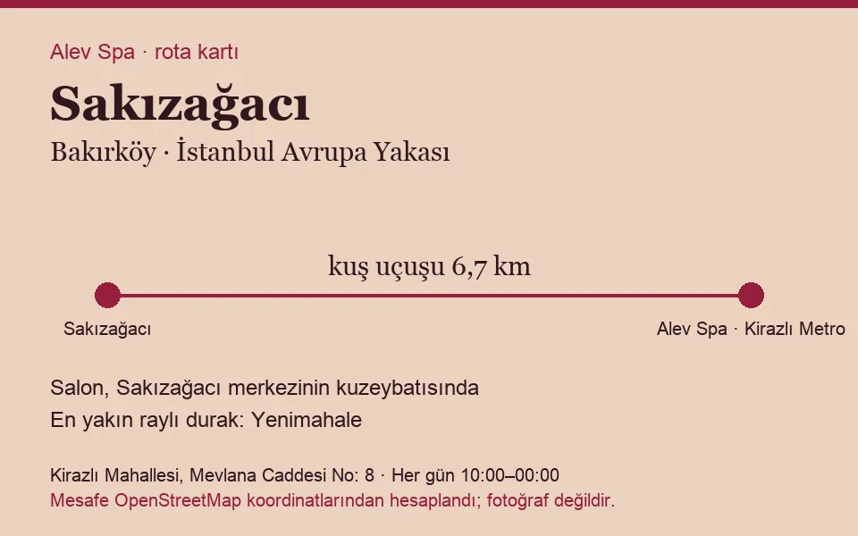 Sakızağacı masaj salonu rota kartı: Alev Spa'ya kuş uçuşu 6,7 km, salon kuzeybatısında