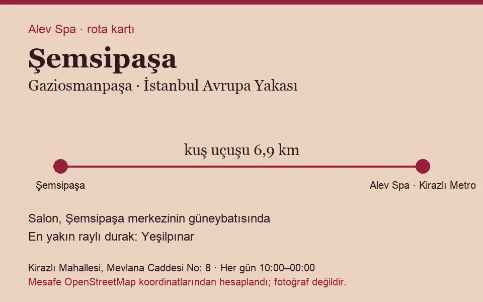 Şemsipaşa masaj salonu rota kartı: Alev Spa'ya kuş uçuşu 6,9 km, salon güneybatısında