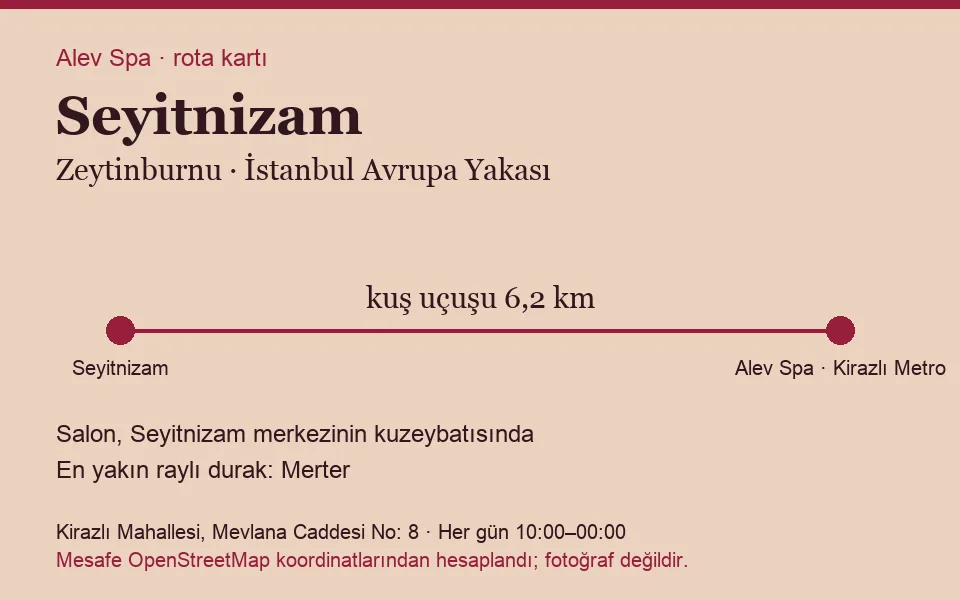 Seyitnizam masaj salonu rota kartı: Alev Spa'ya kuş uçuşu 6,2 km, salon kuzeybatısında