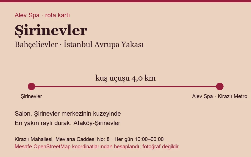Şirinevler masaj salonu rota kartı: Alev Spa'ya kuş uçuşu 4,0 km, salon kuzeyinde