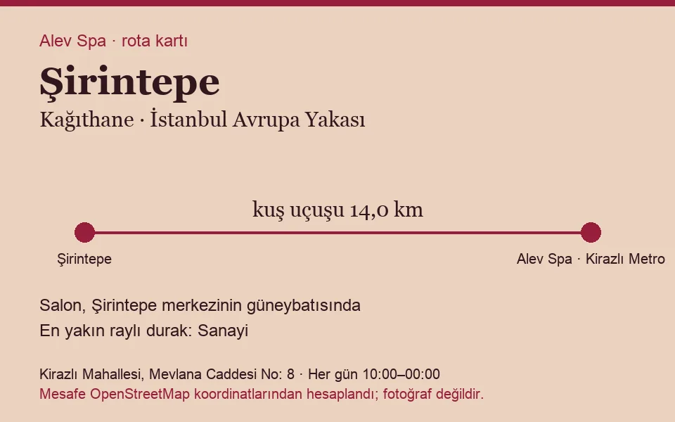 Şirintepe masaj salonu rota kartı: Alev Spa'ya kuş uçuşu 14,0 km, salon güneybatısında