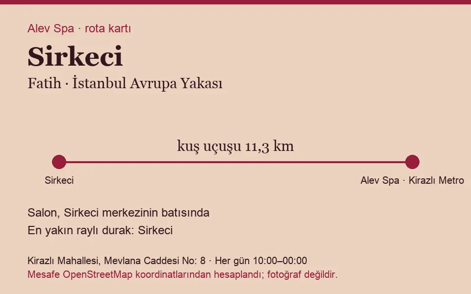 Sirkeci masaj salonu rota kartı: Alev Spa'ya kuş uçuşu 11,3 km, salon batısında