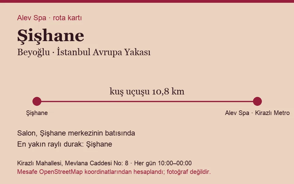 Şişhane masaj salonu rota kartı: Alev Spa'ya kuş uçuşu 10,8 km, salon batısında