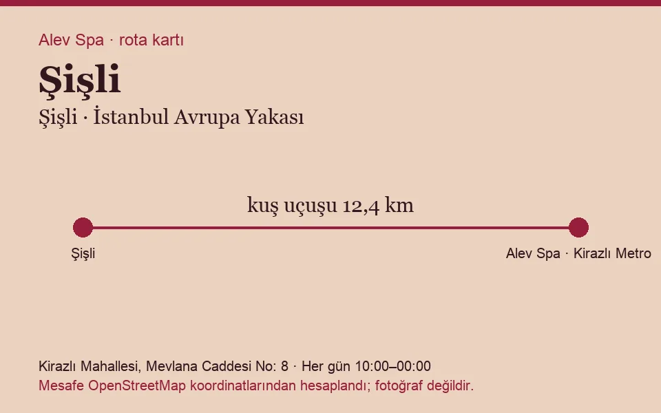 Şişli masaj salonu rota kartı: Alev Spa'ya kuş uçuşu 12,4 km