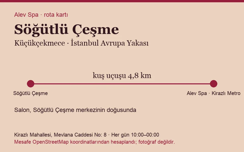 Söğütlü Çeşme masaj salonu rota kartı: Alev Spa'ya kuş uçuşu 4,8 km, salon doğusunda