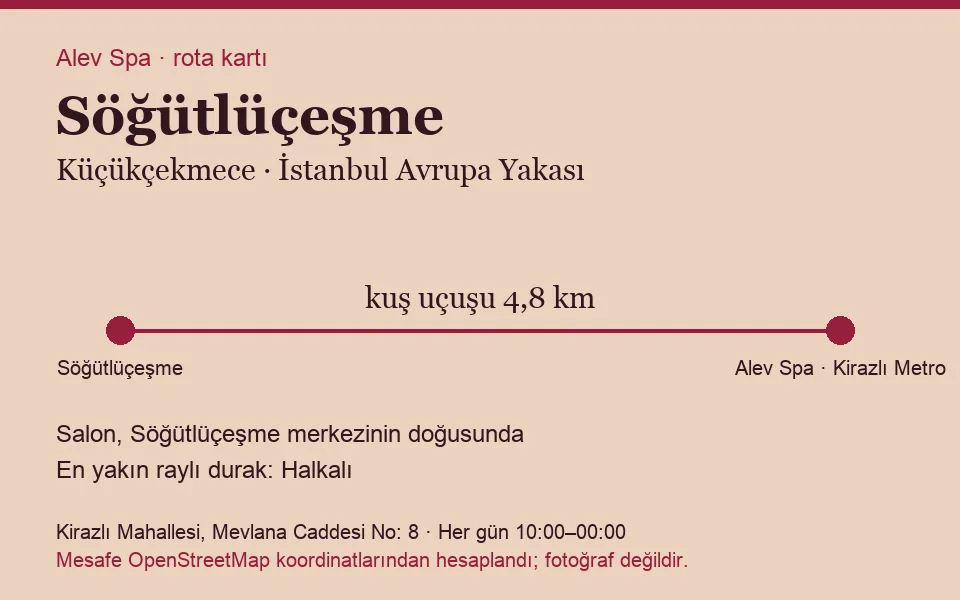 Söğütlüçeşme masaj salonu rota kartı: Alev Spa'ya kuş uçuşu 4,8 km, salon doğusunda
