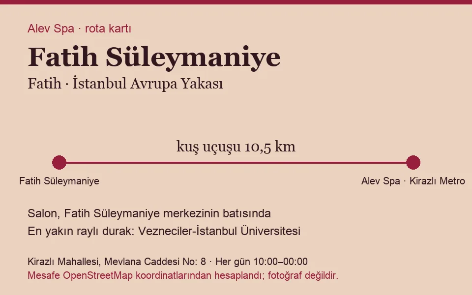 Süleymaniye (Fatih) masaj salonu rota kartı: Alev Spa'ya kuş uçuşu 10,5 km, salon batısında