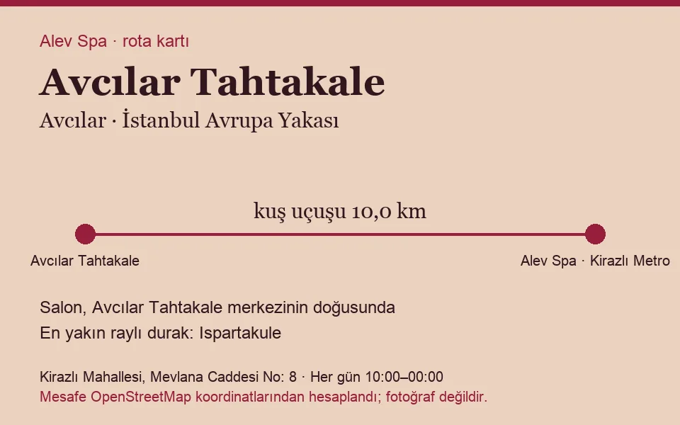 Tahtakale (Avcılar) masaj salonu rota kartı: Alev Spa'ya kuş uçuşu 10,0 km, salon doğusunda