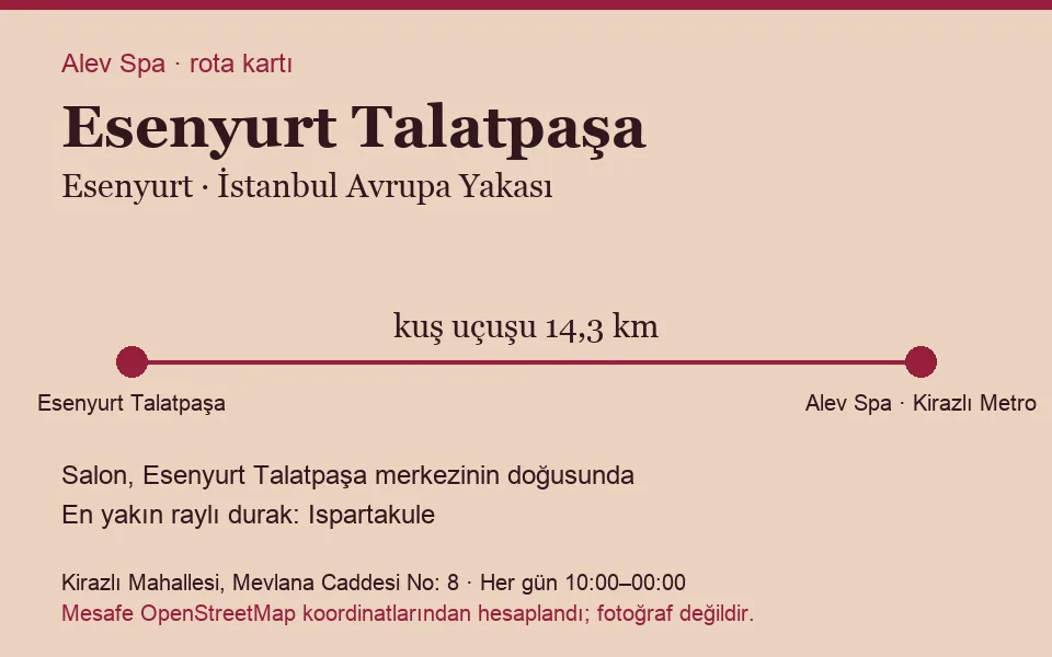 Talatpaşa (Esenyurt) masaj salonu rota kartı: Alev Spa'ya kuş uçuşu 14,3 km, salon doğusunda