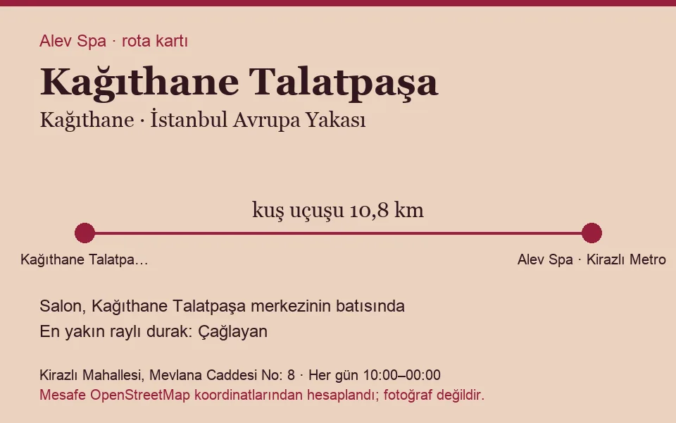 Talatpaşa (Kağıthane) masaj salonu rota kartı: Alev Spa'ya kuş uçuşu 10,8 km, salon batısında