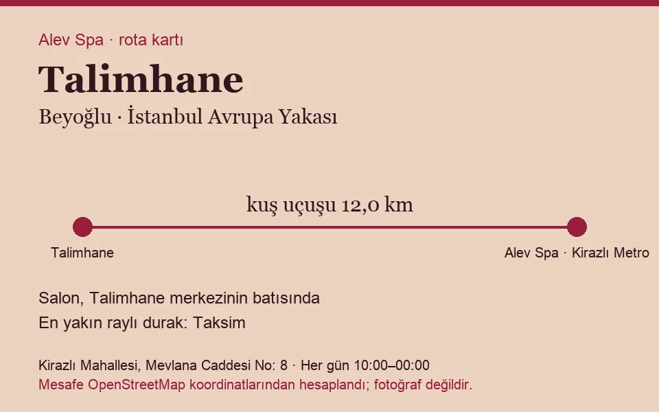 Talimhane masaj salonu rota kartı: Alev Spa'ya kuş uçuşu 12,0 km, salon batısında