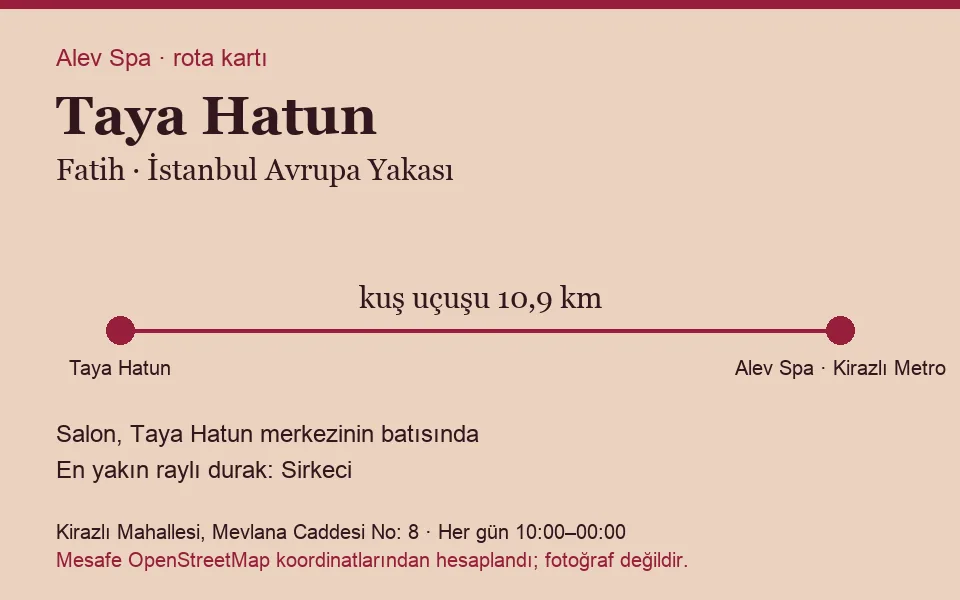 Taya Hatun masaj salonu rota kartı: Alev Spa'ya kuş uçuşu 10,9 km, salon batısında