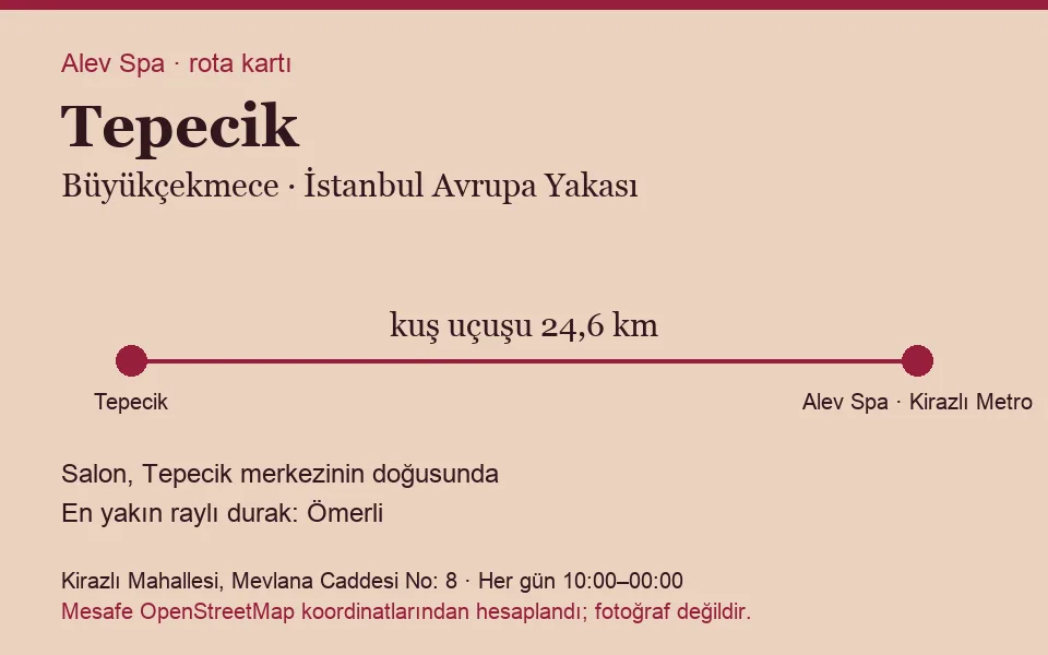 Tepecik masaj salonu rota kartı: Alev Spa'ya kuş uçuşu 24,6 km, salon doğusunda