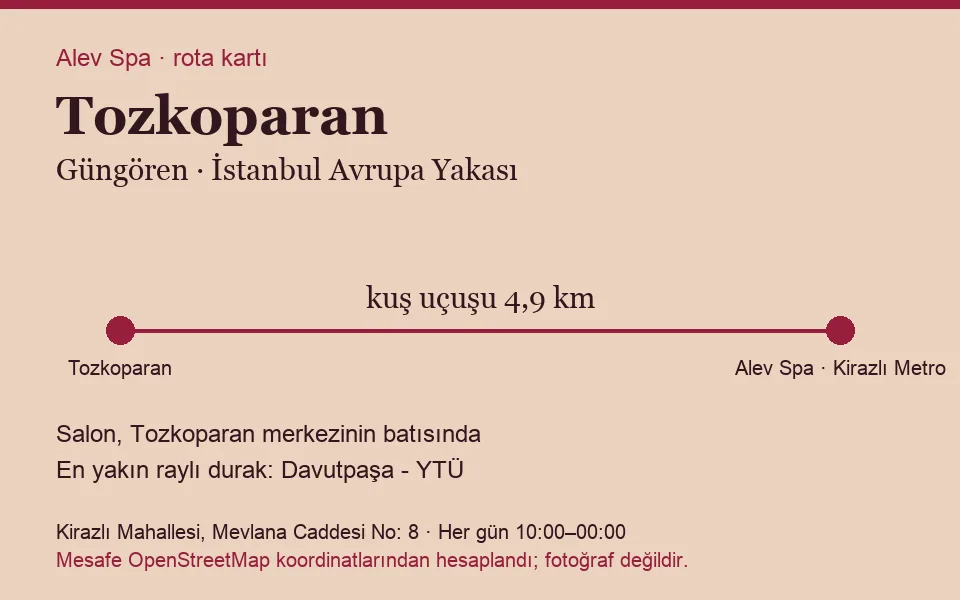 Tozkoparan masaj salonu rota kartı: Alev Spa'ya kuş uçuşu 4,9 km, salon batısında