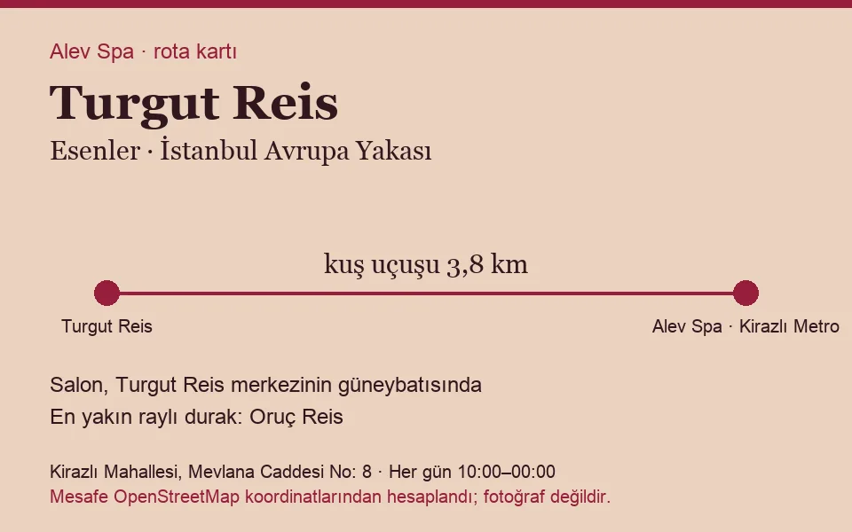 Turgut Reis masaj salonu rota kartı: Alev Spa'ya kuş uçuşu 3,8 km, salon güneybatısında