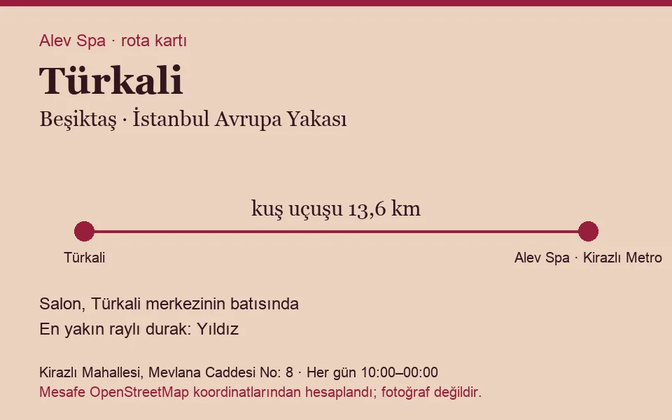 Türkali masaj salonu rota kartı: Alev Spa'ya kuş uçuşu 13,6 km, salon batısında