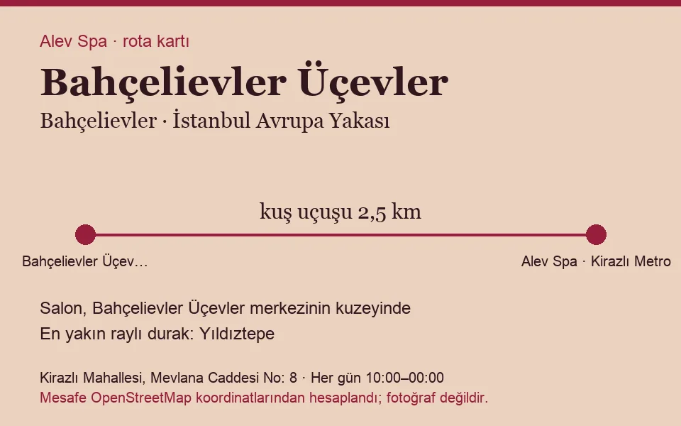Üçevler (Bahçelievler) masaj salonu rota kartı: Alev Spa'ya kuş uçuşu 2,5 km, salon kuzeyinde