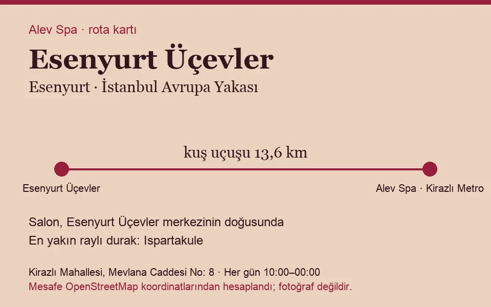 Üçevler (Esenyurt) masaj salonu rota kartı: Alev Spa'ya kuş uçuşu 13,6 km, salon doğusunda