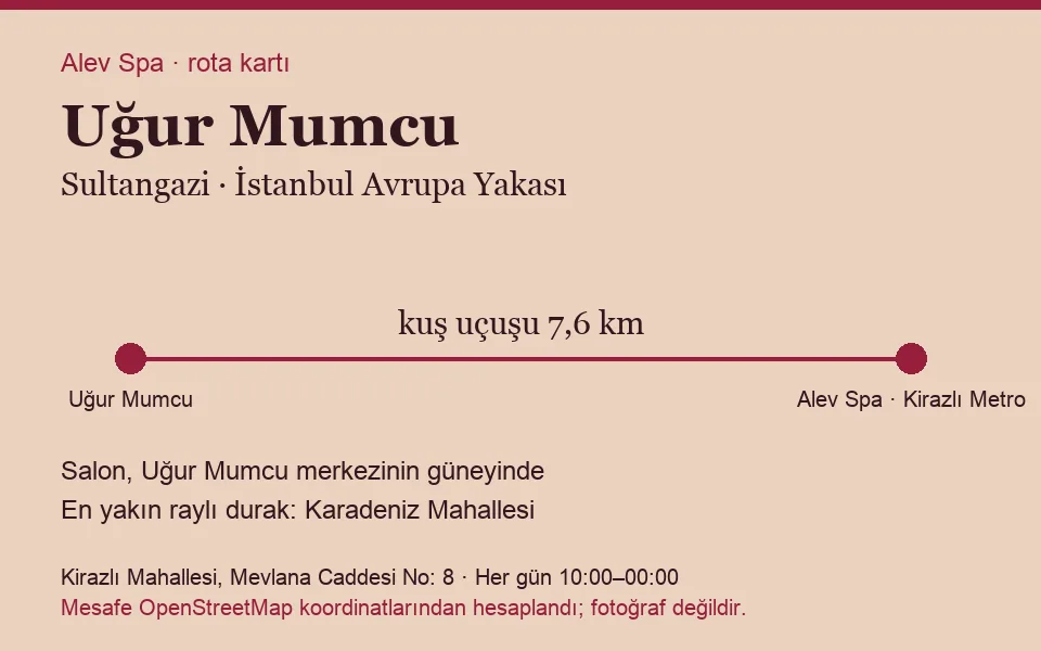 Uğur Mumcu masaj salonu rota kartı: Alev Spa'ya kuş uçuşu 7,6 km, salon güneyinde
