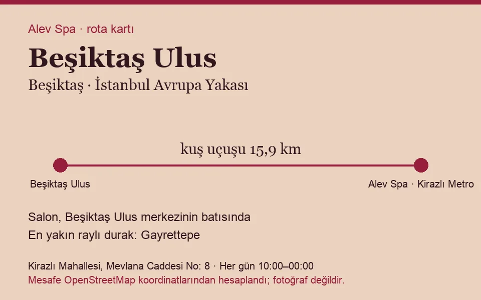 Ulus (Beşiktaş) masaj salonu rota kartı: Alev Spa'ya kuş uçuşu 15,9 km, salon batısında