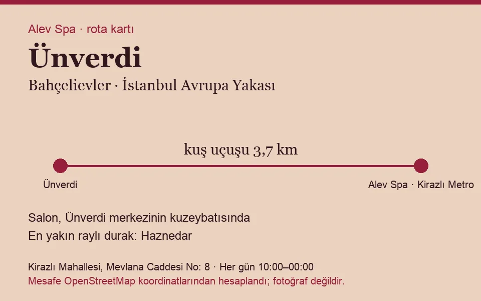 Ünverdi masaj salonu rota kartı: Alev Spa'ya kuş uçuşu 3,7 km, salon kuzeybatısında