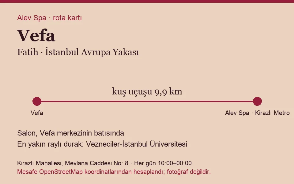 Vefa masaj salonu rota kartı: Alev Spa'ya kuş uçuşu 9,9 km, salon batısında